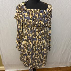 Effie’s Heart Abstract Blue Brown Print Long Sleeve Cotton Blend Dress